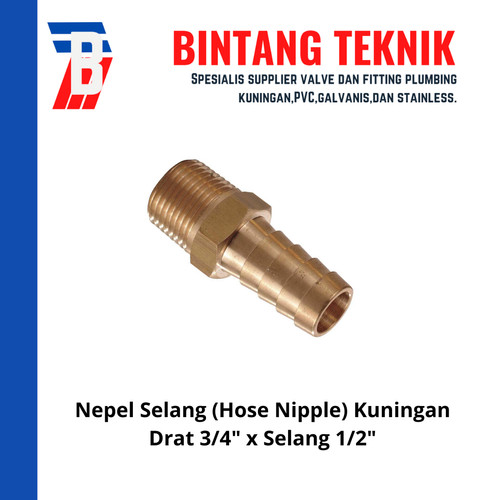 Nepel (Nipple) Selang Kuningan Drat 3/4" x Selang 1/2"