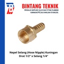Nepel (Nipple) Selang Kuningan Drat 1/2" x Selang 1/4"