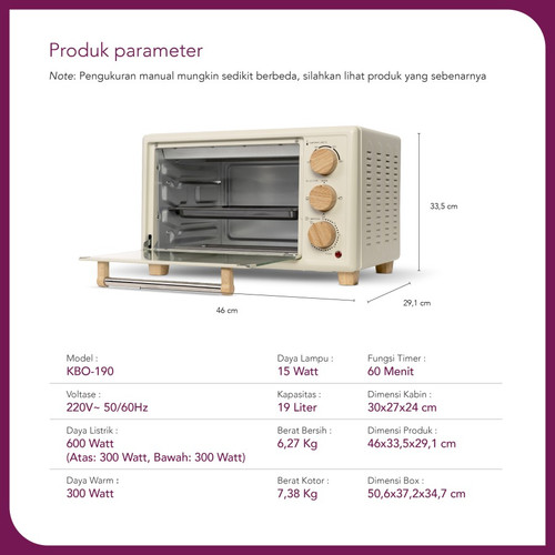 Oven Listrik Kirin Low Watt KBO 190 White