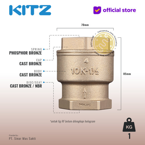 KITZ Tusen Klep Lift Check Valve w. Spring Fig. 150 RF , 1 1/2" - 40mm
