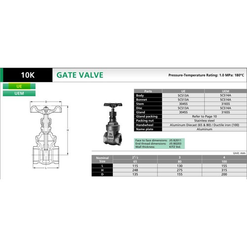 Gate Valve Stainless SUS304 KITZ Fig. 10 UE , 4" - 100A - 100mm , Drat / Screw