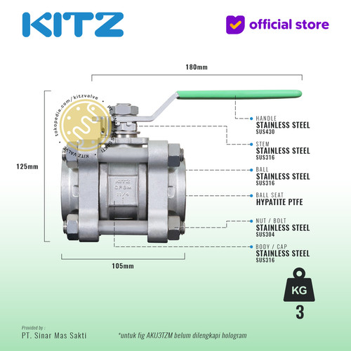 KITZ 3-Piece SUS Ball Valve Fig. 1000 AKU3TZM , 1 1/4" - 32mm , Drat Kasar NPT