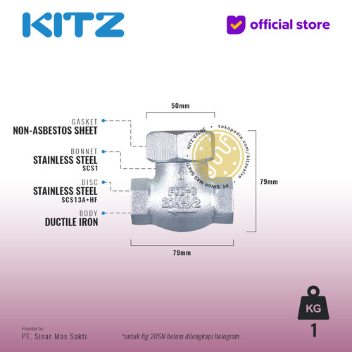 Lift Check Valve Ductile KITZ Fig. 20 SN , 1/2" - 15A - 15mm , Drat / Screw