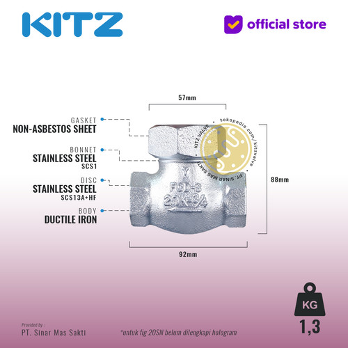 Lift Check Valve Ductile KITZ Fig. 20 SN , 3/4" - 20A - 20mm , Drat / Screw