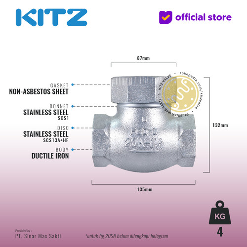 Lift Check Valve Ductile KITZ Fig. 20 SN , 1 1/2" - 40A - 40mm , Drat / Screw