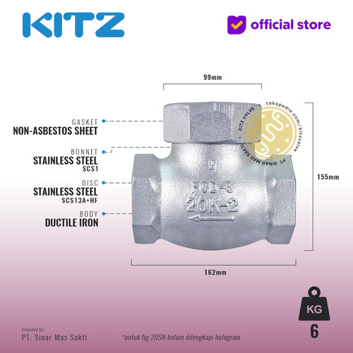 Lift Check Valve Ductile KITZ Fig. 20 SN , 2" - 50A - 50mm , Drat / Screw