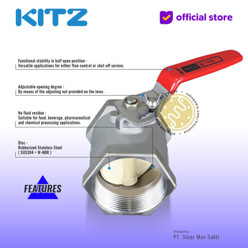 Mini Butterfly Valve SUS304 KITZ Fig. UV , 2" - 50A - 50mm , Drat / Screw