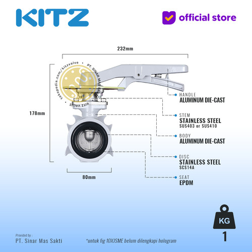 Butterfly Valve Alum KITZ Fig. 10XJSME , 1 1/2" - 40mm , LEVER - SHORT