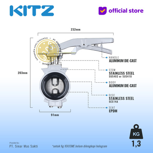 Butterfly Valve Alum , KITZ Fig. 10XJSME , 2" - 50mm , LEVER - SHORT