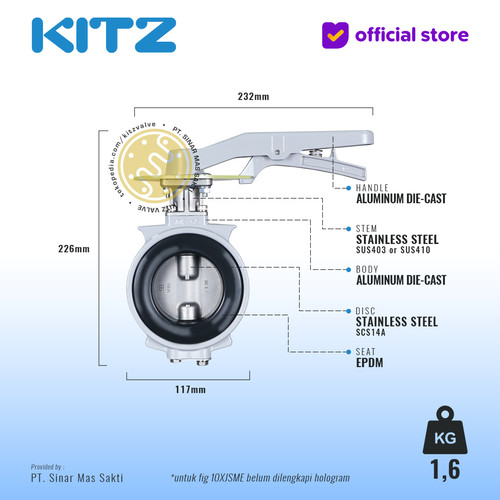 Butterfly Valve Alum KITZ Fig. 10XJSME , 2 1/2" - 65mm , LEVER - SHORT