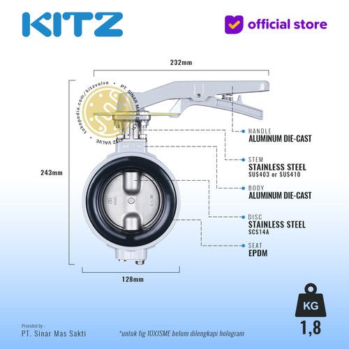 Butterfly Valve Alum , KITZ Fig. 10XJSME , 3" - 80mm , LEVER - SHORT