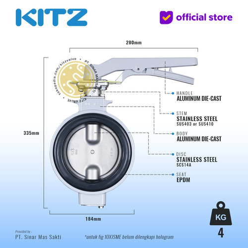 Butterfly Valve Alum , KITZ Fig. 10XJSME , 5" - 125mm , LEVER - SHORT