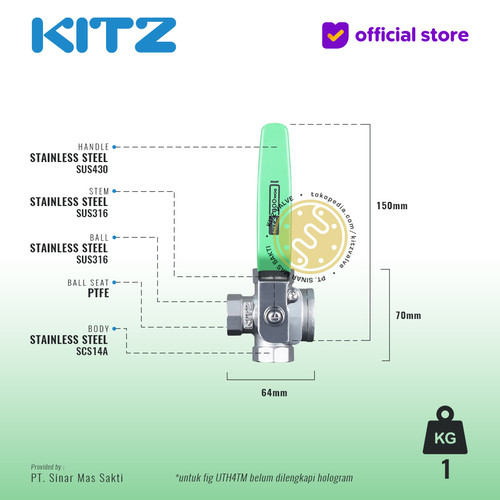 3-Way Ball Valve SUS KITZ Fig. UTH4TM , 1/2" - 15mm, Drat / Screw
