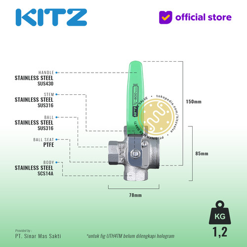 3-Way Ball Valve SUS KITZ Fig. UTH4TM , 3/4" - 20mm, Drat / Screw