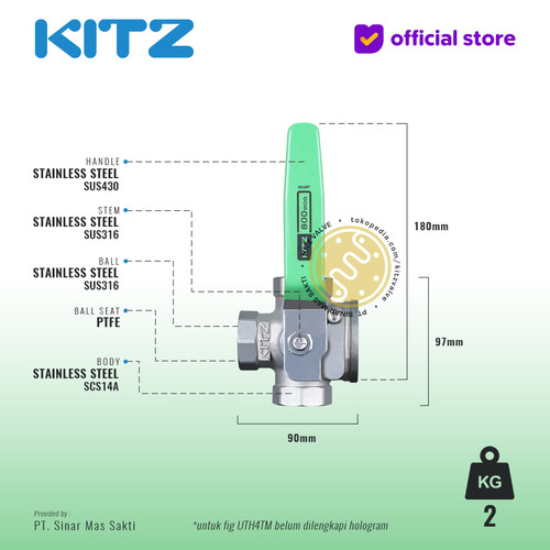 3-Way Ball Valve SUS KITZ Fig. UTH4TM , 1" - 25mm, Drat / Screw