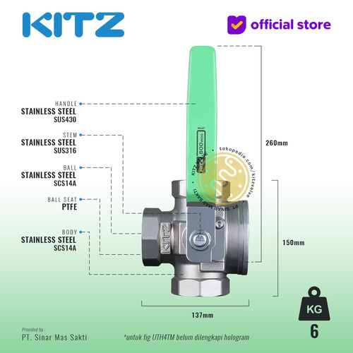 3-Way Ball Valve SUS KITZ Fig. UTH4TM , 2" - 50mm, Drat / Screw