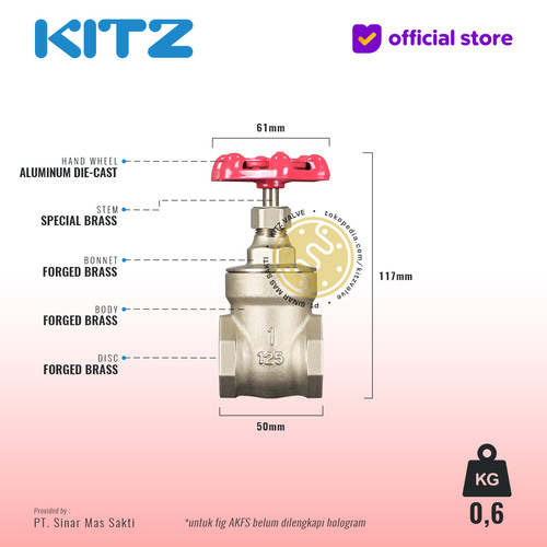 NPT Gate Valve Brass KITZ Fig. 125 AKFS , 1" - 25A - 25mm , Screw