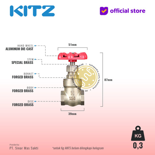 NPT Gate Valve Brass KITZ Fig. 125 AKFS , 3/8" - 10A - 10mm , Screw