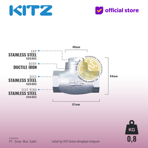 Lift Check Valve Ductile KITZ Fig. 10 SF , 3/4" - 20mm , Drat / Screw