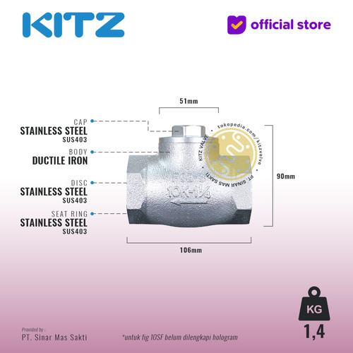 Lift Check Valve Ductile KITZ Fig. 10 SF, 1 1/4" - 32mm , Drat / Screw