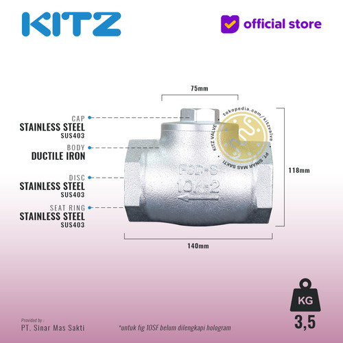 Lift Check Valve Ductile KITZ Fig. 10 SF , 2" - 50mm , Drat / Screw