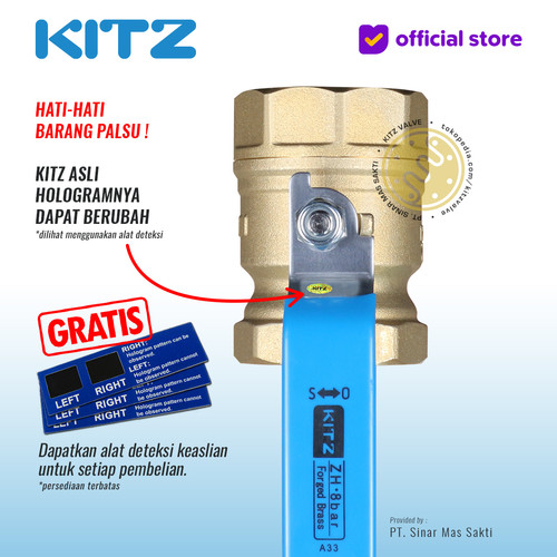 KITZ Ball Valve 8 bar , Gagang Biru , Fig. ZH , 3/4" - 20A - 20mm , Drat Screw