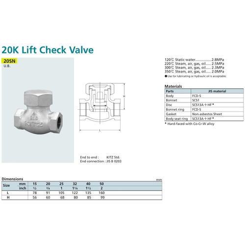Lift Check Valve Ductile KITZ Fig. 20 SN , 2" - 50A - 50mm , Drat / Screw