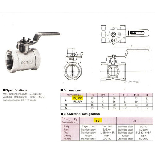 Mini Butterfly Valve Brass KITZ Fig. FV , 2" - 50A - 50mm , Drat / Screw