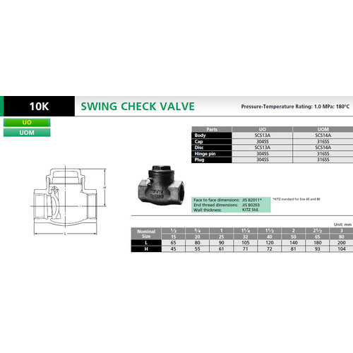 Klep Tabok / Check Valve Stainless SUS304 KITZ Fig. UO , Drat / Screw