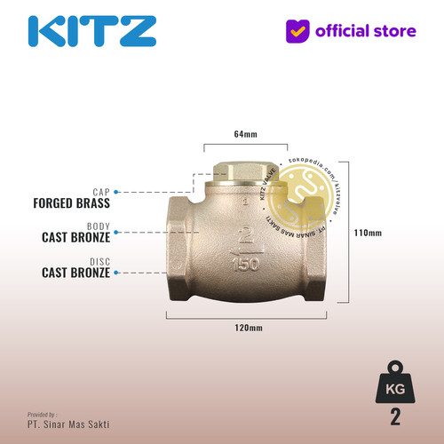 Lift Check Valve KITZ Fig. 150 F , 2" - 50A - 50mm , Drat / Screw