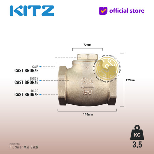 Lift Check Valve KITZ Fig. 150 F , 2 1/2" - 65A - 65mm , Drat / Screw