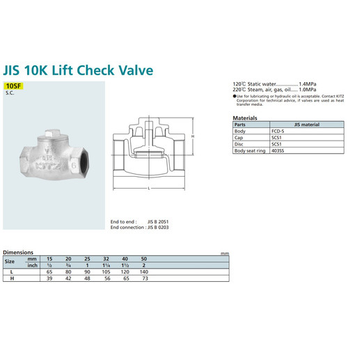 Lift Check Valve Ductile KITZ Fig. 10 SF, 1 1/2" - 40mm , Drat / Screw