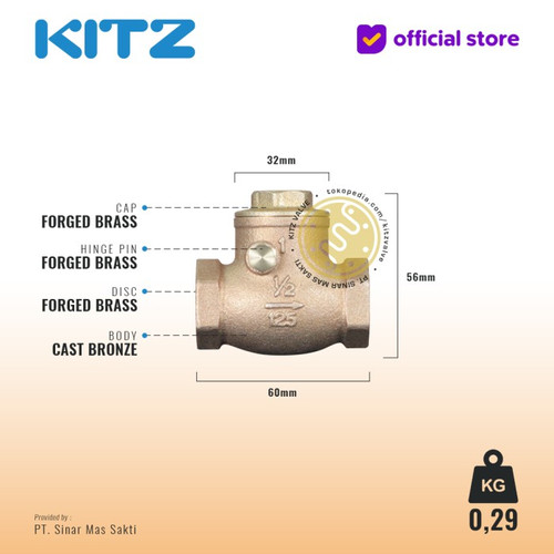 NPT Klep Tabok / Check Valve KITZ Fig. 125 AKR , 1/2" - 15mm , Drat