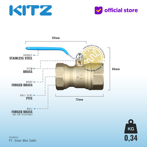 KITZ Ball Valve 8 bar , Gagang Biru , Fig. ZH , 1" - 25A - 25mm , Drat Screw