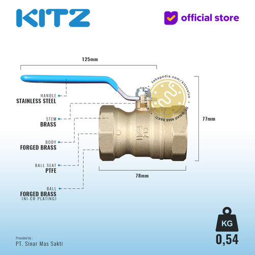 KITZ Ball Valve 8 bar , Gagang Biru , Fig. ZH , 1 1/4" - 32A - 32mm , Drat Screw