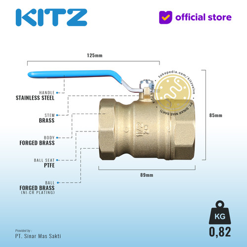 KITZ Ball Valve 8 bar , Gagang Biru , Fig. ZH , 1 1/2" - 40A - 40mm , Drat Screw