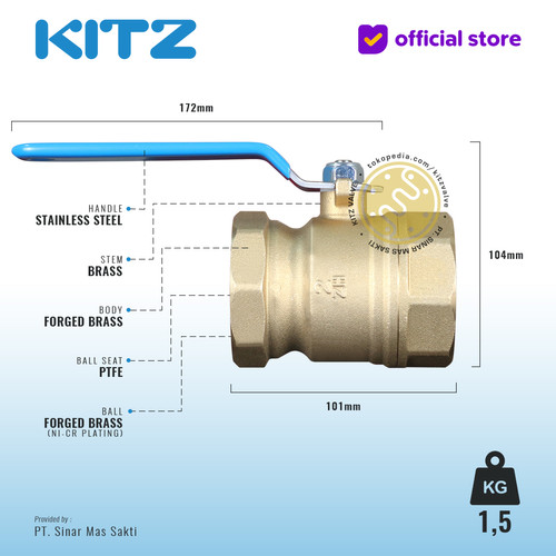 KITZ Ball Valve 8 bar , Gagang Biru , Fig. ZH , 2" - 50A - 50mm , Drat Screw