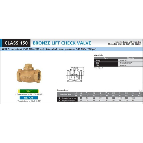 Lift Check Valve KITZ Fig. 150 F , 1/2" - 15A - 15mm , Drat / Screw