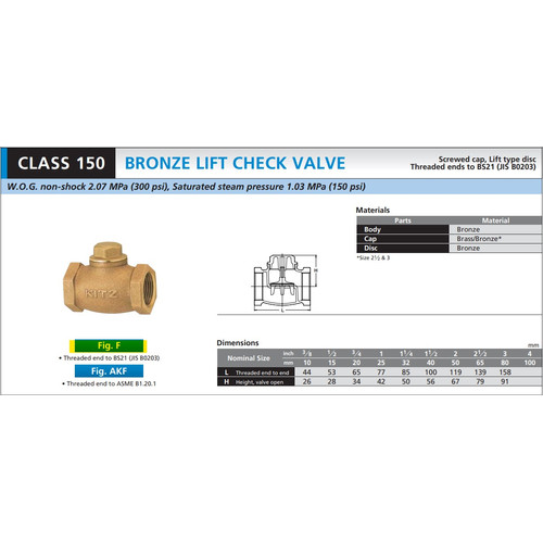 Lift Check Valve KITZ Fig. 150 F , 3" - 80A - 80mm , Drat / Screw