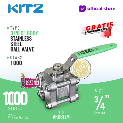 KITZ 3-Piece SUS Ball Valve Fig. 1000 AKU3TZM , 3/4" - 20mm, Drat Kasar NPT