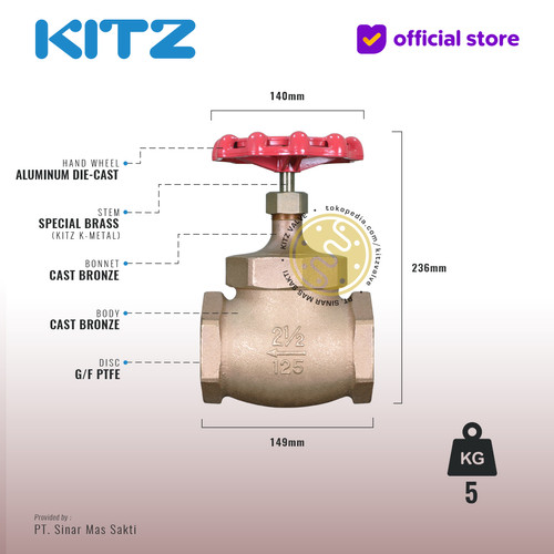 Globe Valve Soft Seat KITZ Fig. 125 G , 2 1/2" - 65mm , Drat / Screw