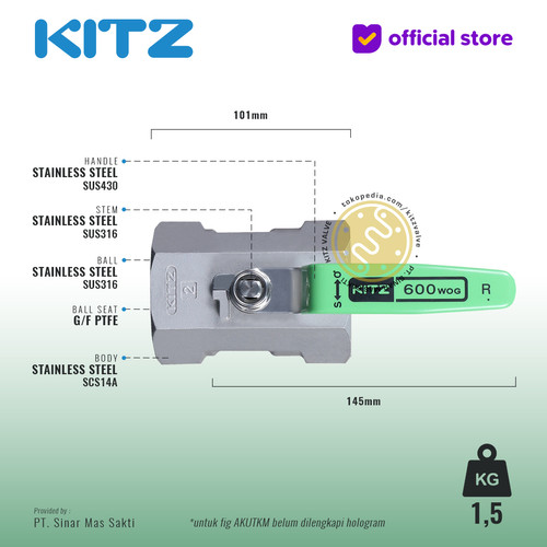 Ball Valve NPT SUS KITZ Fig. 600 AKUTKM , 2" - 50A - 50mm , Drat Kasar
