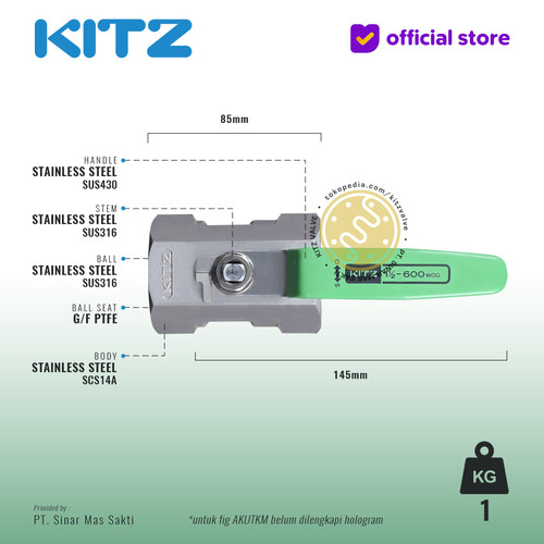 Ball Valve NPT SUS KITZ Fig. 600 AKUTKM , 1 1/2" - 40mm , Drat Kasar