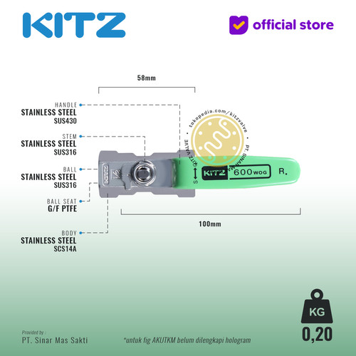 Ball Valve NPT SUS KITZ Fig. 600 AKUTKM , 1/2" - 15mm , Drat Kasar