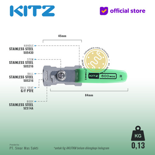 Ball Valve NPT SUS KITZ Fig. 600 AKUTKM , 3/8" - 10mm , Drat Kasar