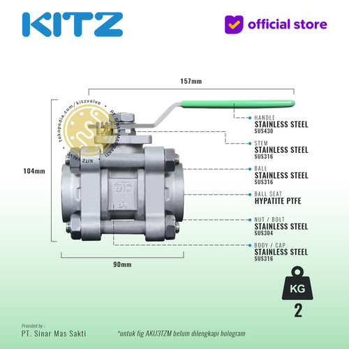 KITZ 3-Piece SUS Ball Valve Fig. 1000 AKU3TZM , 1" - 25mm , Drat NPT