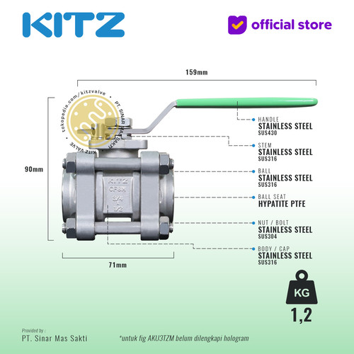 KITZ 3-Piece SUS Ball Valve Fig. 1000 AKU3TZM , 3/4" - 20mm, Drat Kasar NPT