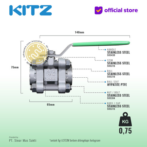 KITZ 3-Piece SUS Ball Valve Fig. 1000 U3TZM , 1/2" - 15mm, Drat/Screw