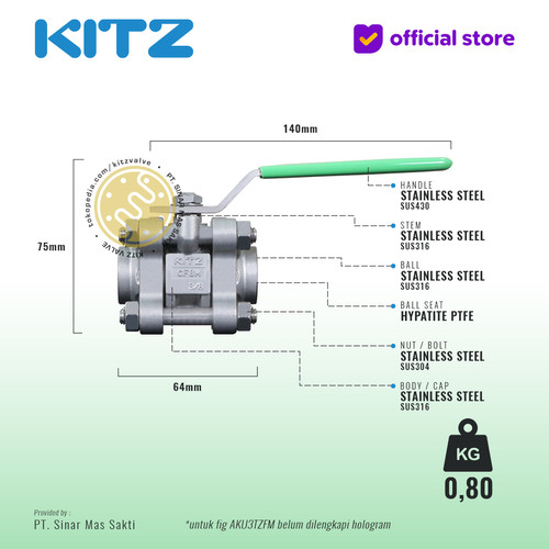 KITZ 3-Piece SUS Ball Valve Fig. 1000 AKU3TZFM , 3/8" - 10mm, Drat Kasar NPT