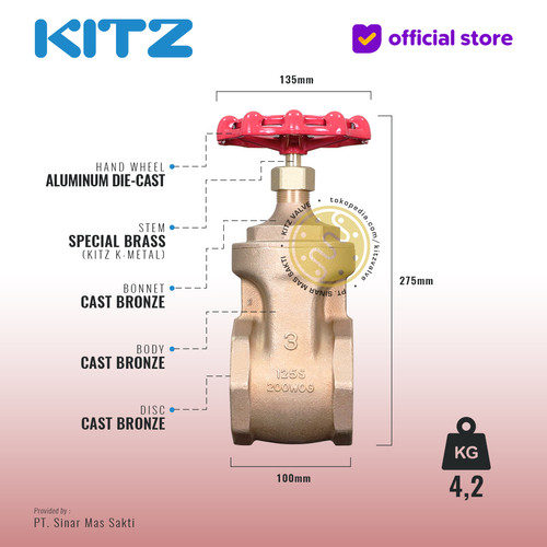 KITZ Bronze Gate Valve Fig. 125 H , 3" - 80A - 80mm , Drat / Screw